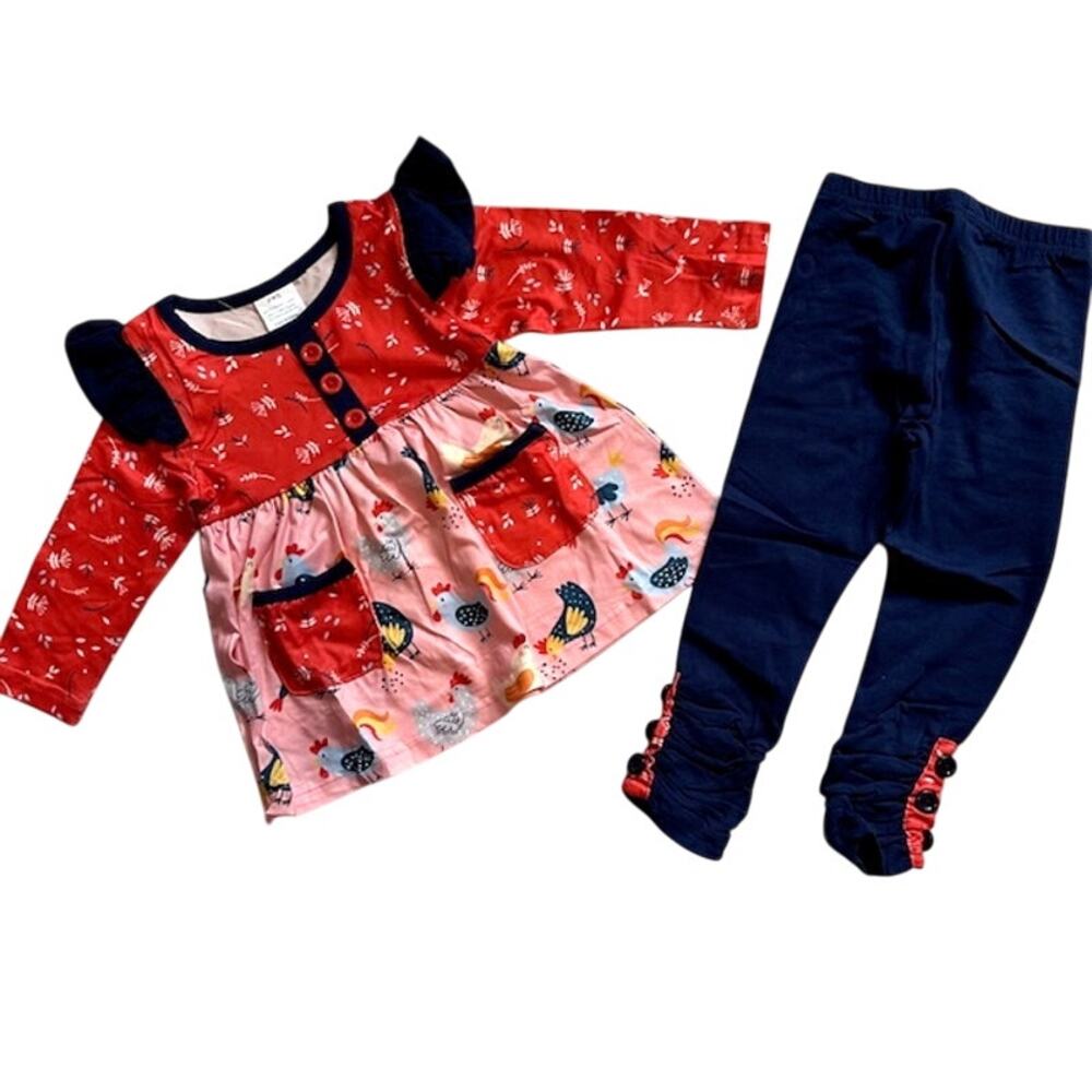 Boutique Baby Girls 6-12 Months (2XS) Okie & Lou Red Blue Crazy Chickens Outfit